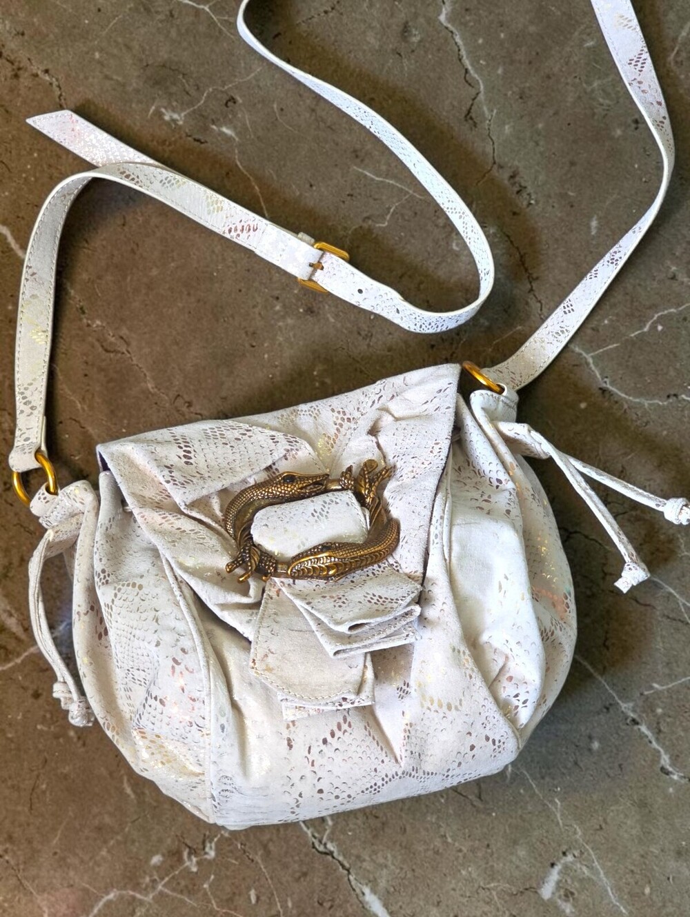 Sharif 1827 Ivory Metallic Intertwined Snake Suede Leather Shoulder Bag Rare